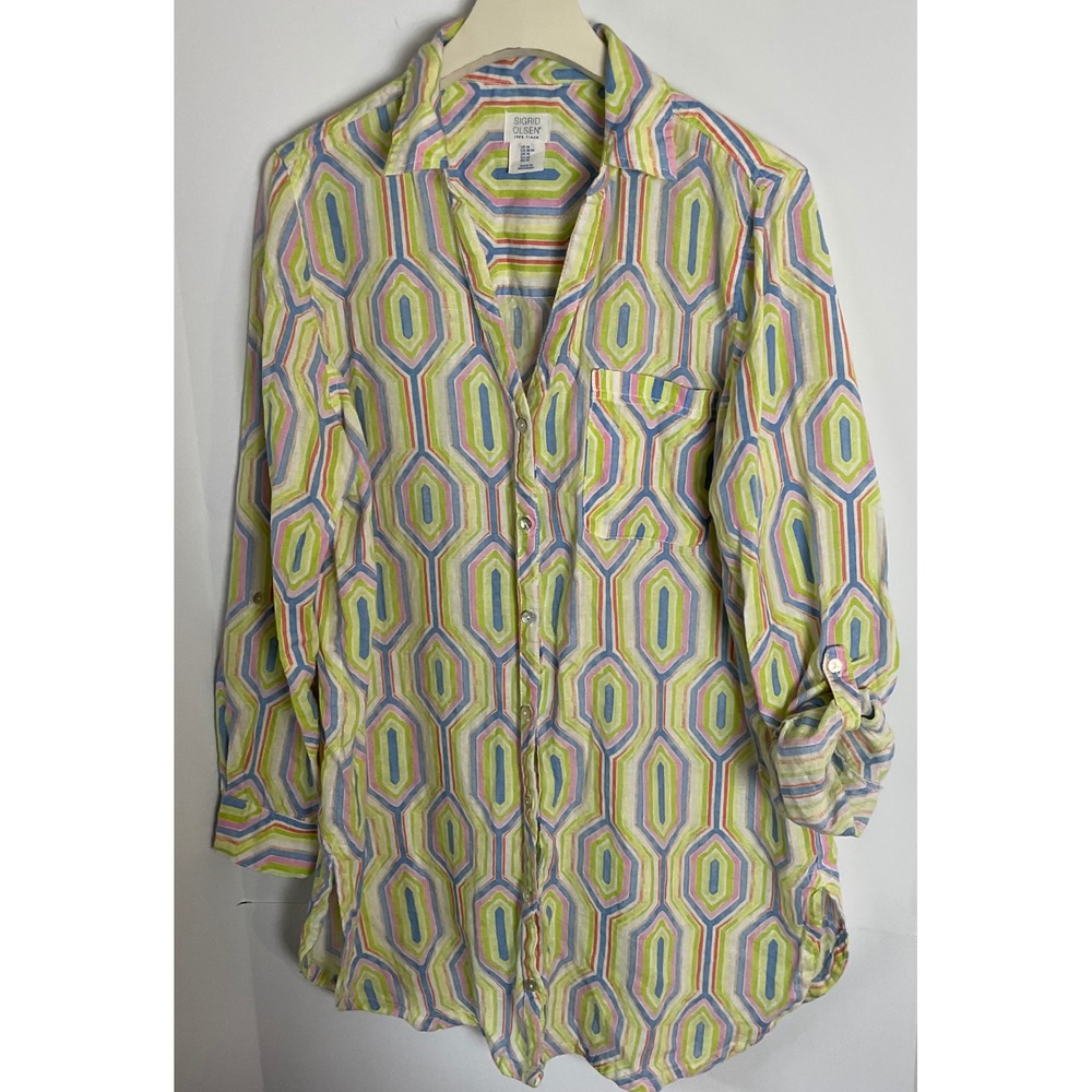 Sigrid Olsen Womens Medium Linen Button Down Shirt Geometric Roll Tab Multicolor